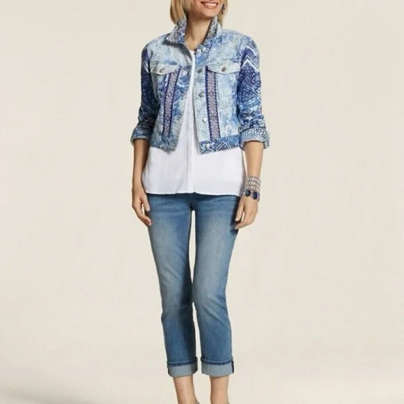 Chico's beaded artisan mixed-print cropped denim jacket blue & white Sz 2 (L/12) - Picture 3 of 15